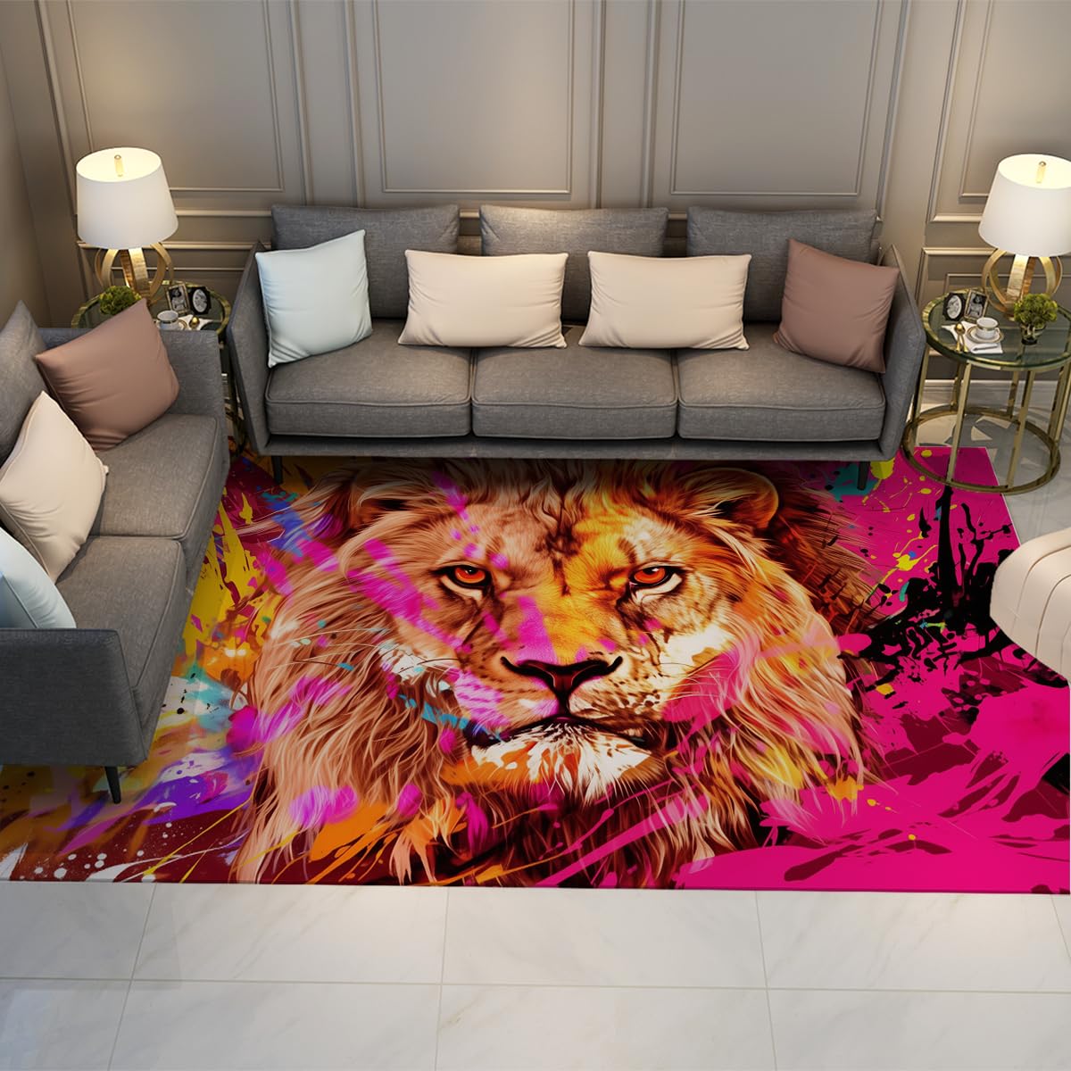 Tapis antidérapant lion lavable 160x200cm doux avec motifs abstraits
