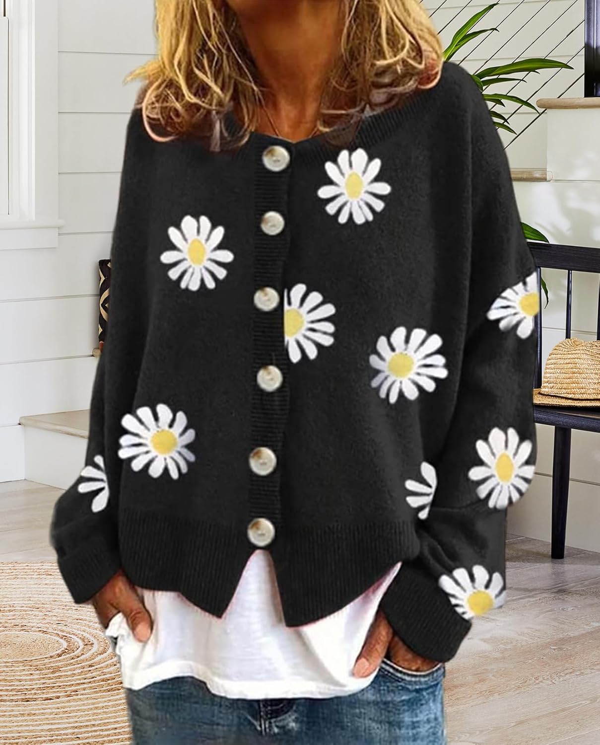 Daisy Flower Cardigan Sweater for Women Button Down Long Sleeve Sweaters Aesthetic 90s Women Sweater Outfits