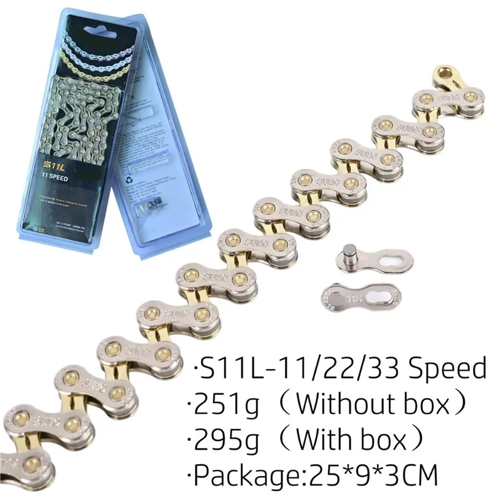 Fahrrad-Schaltkette for Mountainbike und Rennrad, 8-, 9-, 10-, 11- und 12-fach, hohl, ultraleicht, Gold, 251 g(S11L 11-33 speed)
