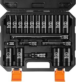 19-Piece 1/2" Drive Deep Impact SAE Socket Set, 3/8"-1-1/4", Cr-V Steel, Extensions, Joint, Adapter - Meets ANSI