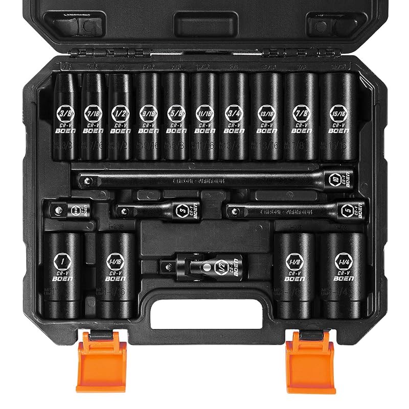 Jogo de Soquetes de Impacto Profundos SAE boen, Acionamento de 12,7 mm (1/2 pol.), 9,5 a 31,8 mm, Aço CR-V, 19 Peças