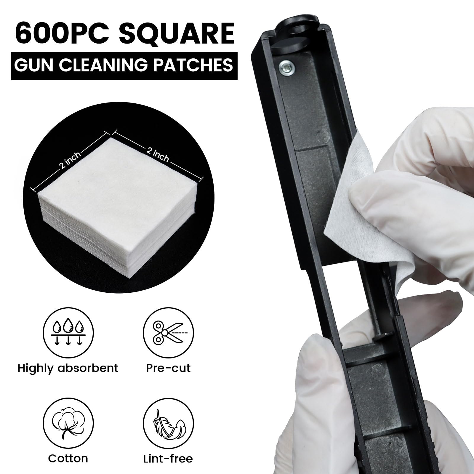 Gun Cleaning Supplies Case - 600PCS Patches & 200PCS Swabs, 6'' Double Ended Long Cotton Swabs, 2'' Highly Absorbent Cloth for Precision Cleaning