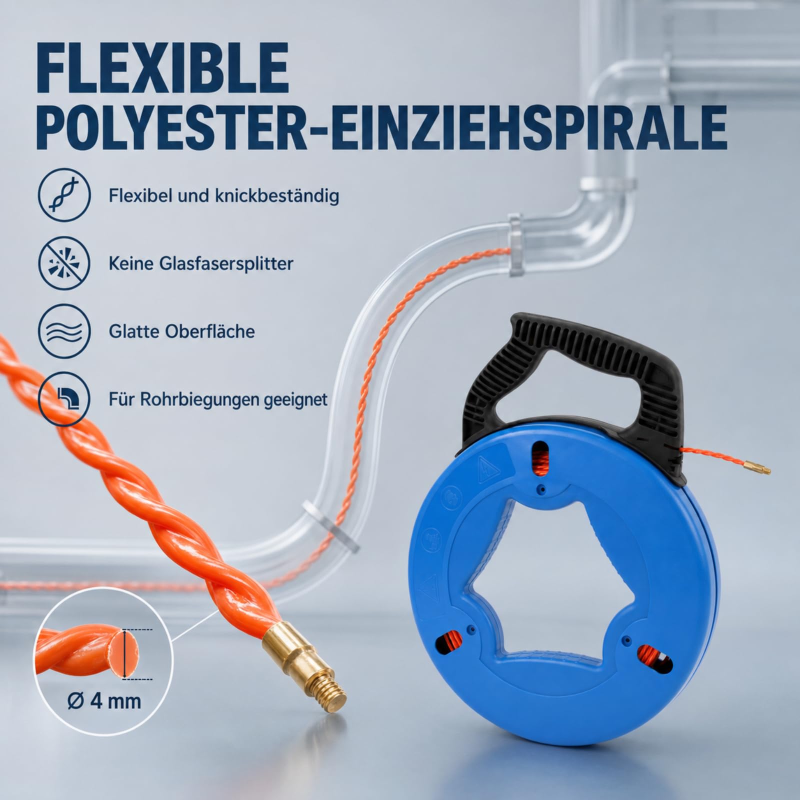 Gekufa Herramienta de extracción de cables | 30 m espiral de poliéster con cabezal de cobre y kit de accesorios de 5 piezas – para instalación eléctrica, tubos vacíos y c