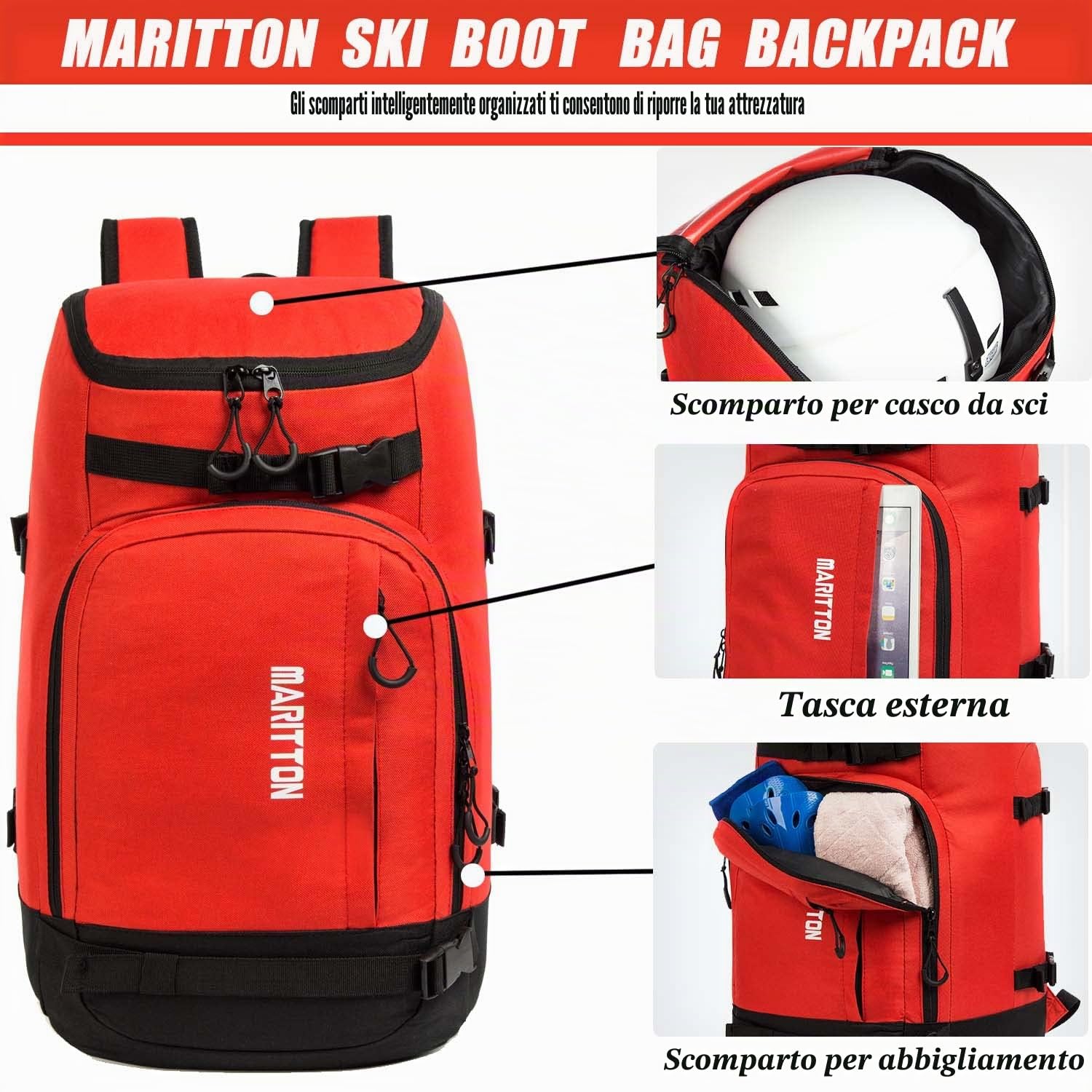 Borsa per scarponi da sci, scarponi da sci e snowboard, zaino da viaggio per casco da sci, occhiali, guanti, sci, snowboard e accessori.