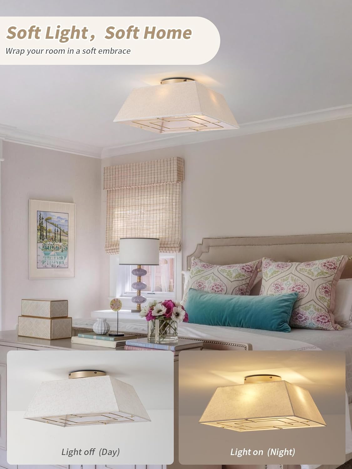 18" Square Flush Mount Ceiling Fans with Lights, Caged Boho Ceiling Fan with Light Remote Control, Low Profile 6 Speeds for Bedroom, Living Room, Kitchen (Yellow)