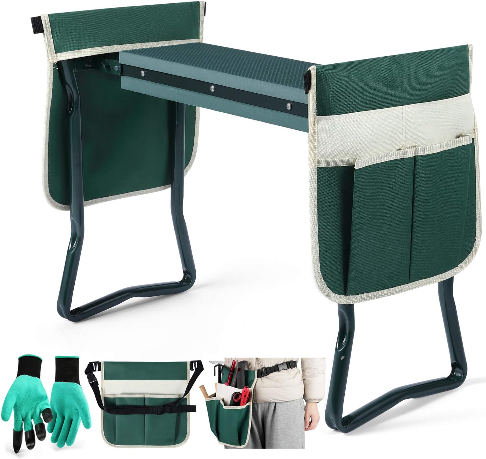 Artist hand Garden Kneeler Seat Gardening Workseat Garden Stools Foldable Stool w/Two Large Bonus Tool Pouches & Soft EVA Kneeling Pad Foldable Stool
