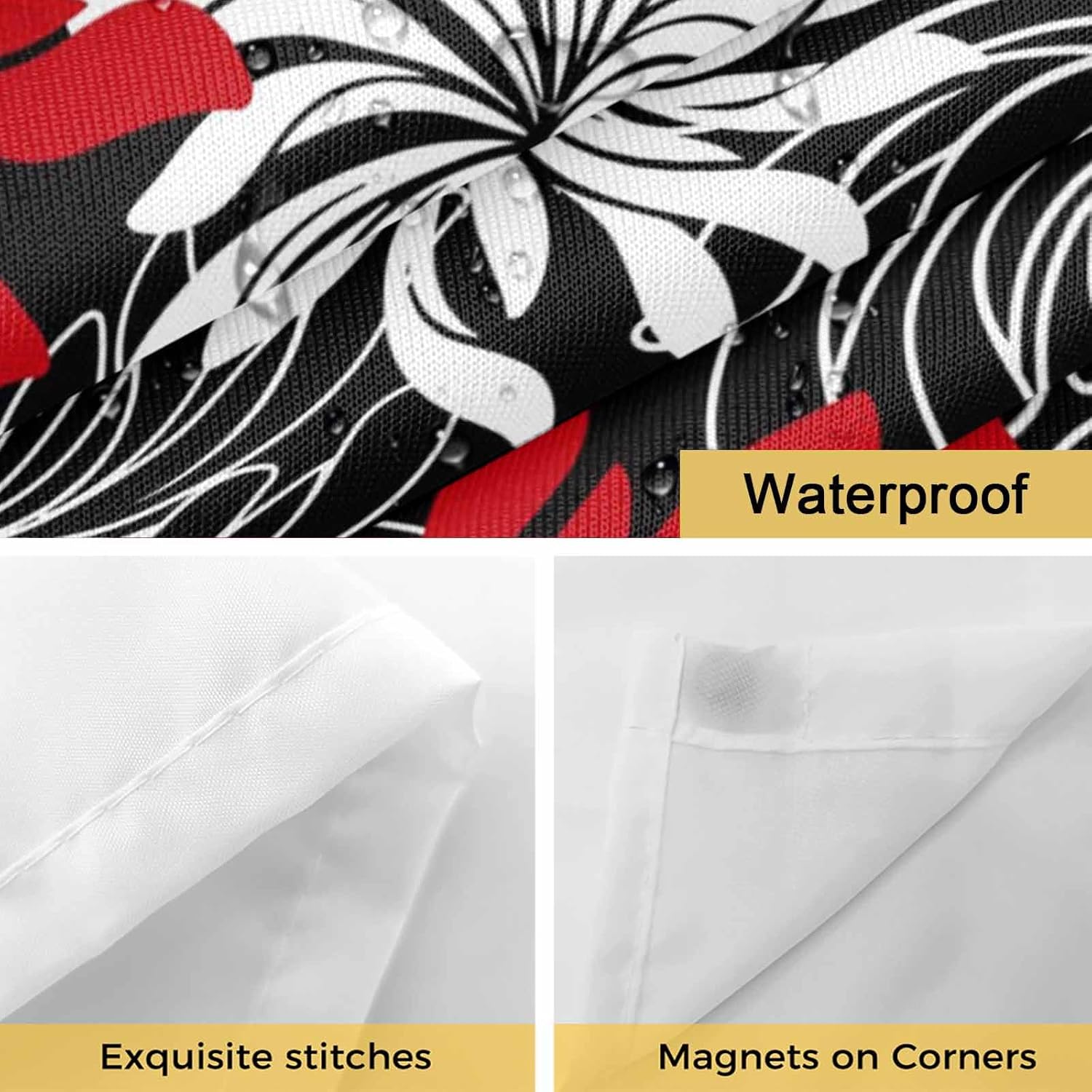 Red Black Floral No Hook Shower Curtain with Snap in Liner Vintage Red White Black Flower Waterproof Bathroom Shower Curtain with See Through Top Window for Bathtub 72" x 84"