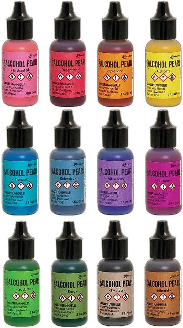 Ranger Tim Holtz Alcohol Pearls Complete Set Bundle (All 12 Colors), 2-Ounce Ranger Alcohol Ink Blending Solution 10x Pixiss Alcohol Ink Blending Tools for Blending Your Pearls On Yupo Paper and More