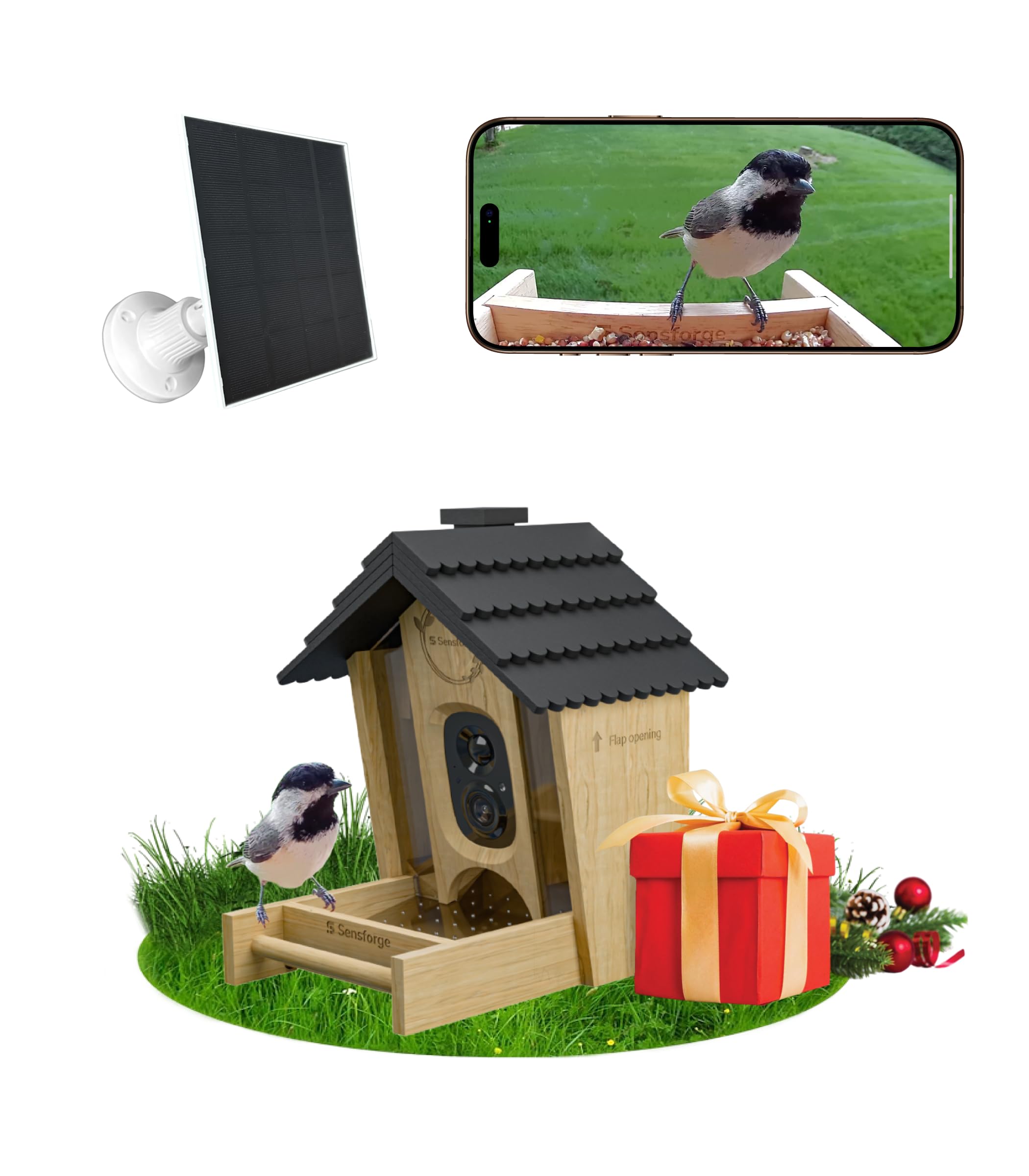 Sensforge Smart AI Bird Feeder Camera 2 5K HD Live View Solar-Powered Wooden Outdoor Feeder with AI Recognition