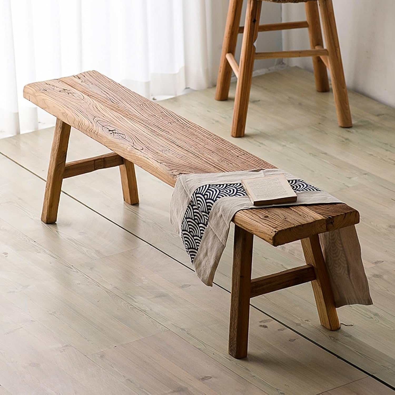 Entryway Indoor Old Elm Long Bench, Farmhouse Wooden Living Room Dining Bench, Shoe Rack Bench, Rustic Handcrafted End of Bed Bench, Ideal for Dining Table, Kitchen, Entryway or Bedroom(160*30*45cm/63