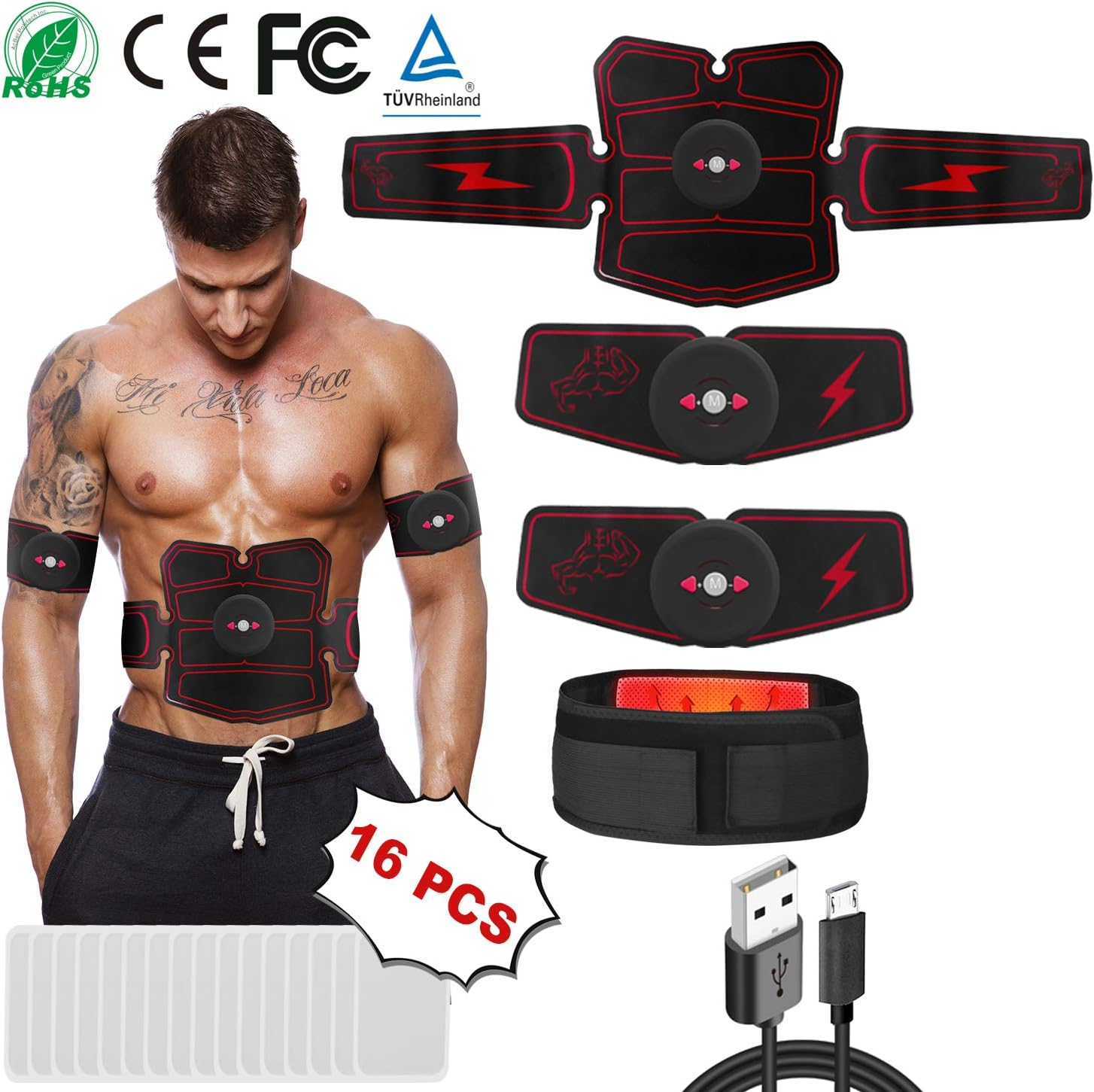 Per Shape Abs Trainer Muscle Stimulator,EMS Trainer Abdominal Belt USB Rechargeable Muscles Toner Abs Belt Abdominal Trainer Fitness Device with 16pcs Replacement Gel Pads
