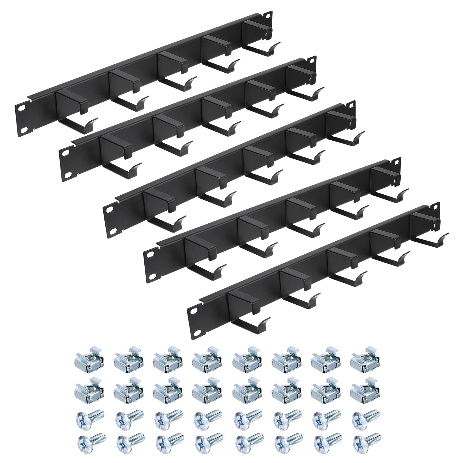PATIKIL 1U 5 D-Ring Cable Manager, 5 Pezzi 19 Pollici Metallico Montaggio Orizzontale Rack Gestione Cavi Per Rack, Armadi Server, Nero