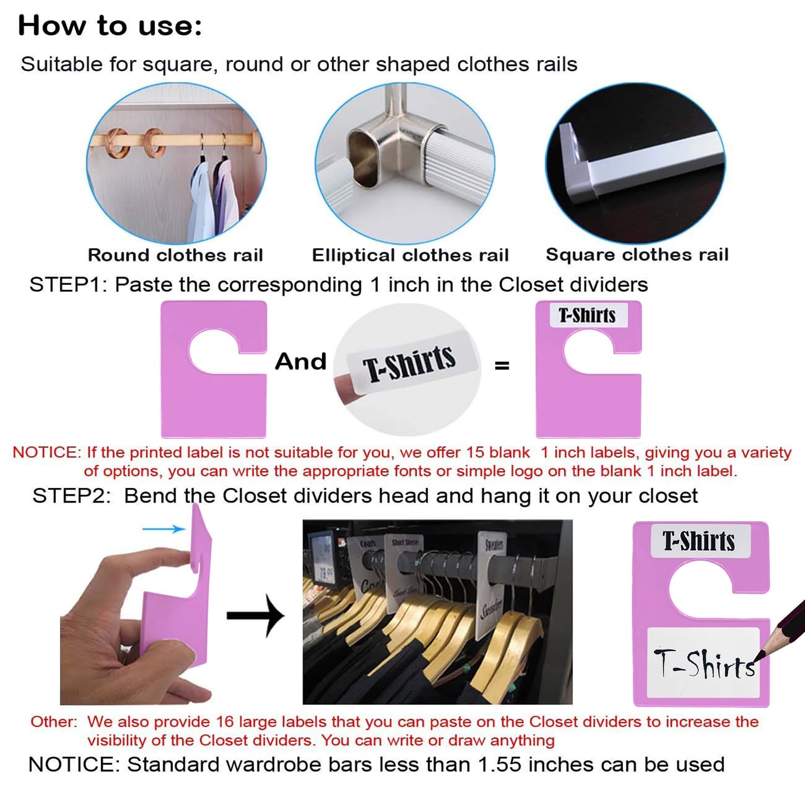 DMLNN 10 Pack White Clothing Rack Size Dividers Plus 60 Labels (1 Inch) and 16 Large Blank Labels, Large Rectangular Clothing Closet dividers (Pearl White): Purple 10 PACK