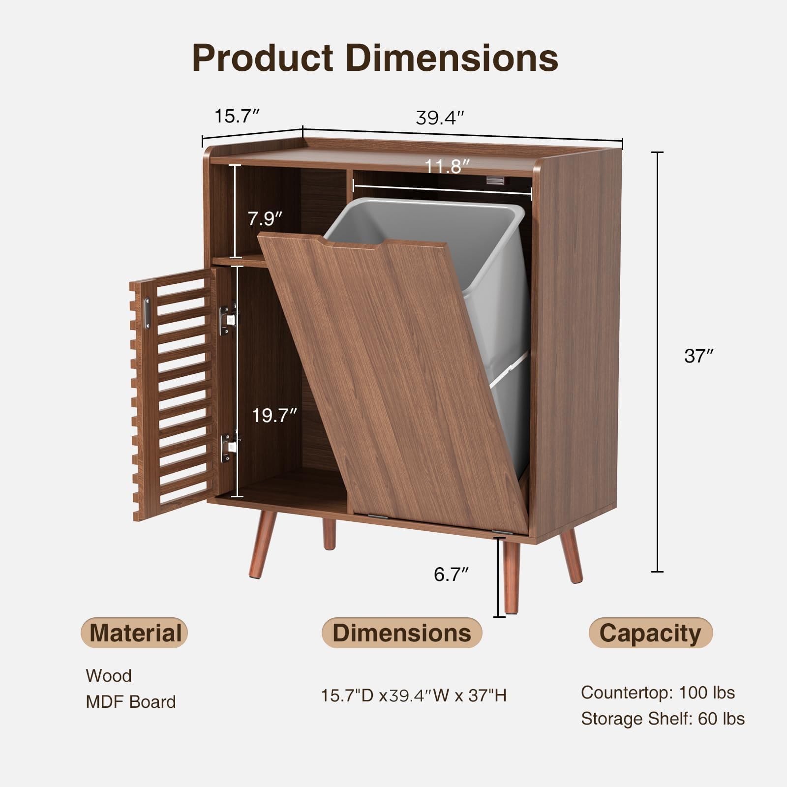 Condition photo showing New/Like New for fivewillowise storage cabinet with slatted door, tilt out trash can cabinet for 10 gallon wooden dog-proof recycling bin with hidden laundry basket for kitchen island and dining room, walnut