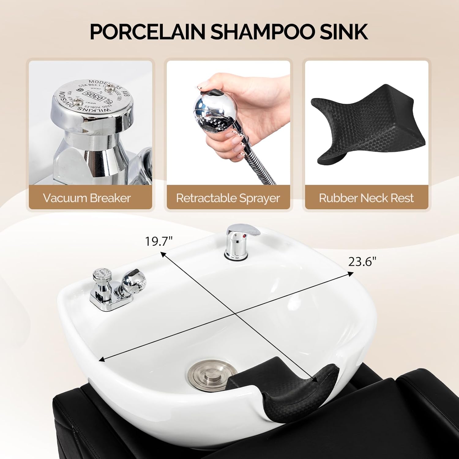 OmySalon Shampoo Bowl and Chair Set for Salon, Commercial Grade Porcelain Backwash Unit with Independent Footrest & Vacuum Breaker for Barbershop & Beauty Spa