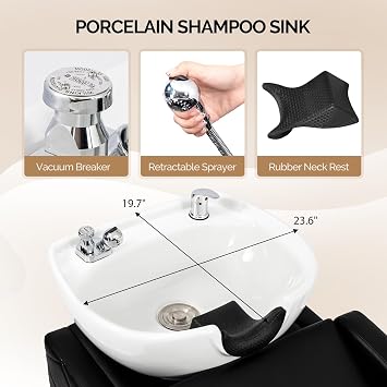OmySalon Shampoo Bowl and Chair Set for Salon, Commercial Grade Porcelain Backwash Unit with Independent Footrest & Vacuum Breaker for Barbershop & Beauty Spa