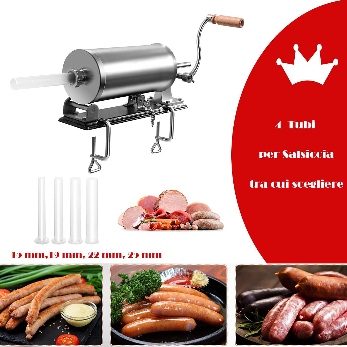 RELAX4LIFE 2,5/3/4 KG Insaccatrice Manuale per Salsiccia in Acciaio Inox, Macchina di Produzione di Salsiccia con Tubi di Diversi Diametri, Fissaggio al Piano di Lavoro Solido e Regolabile (3KG)