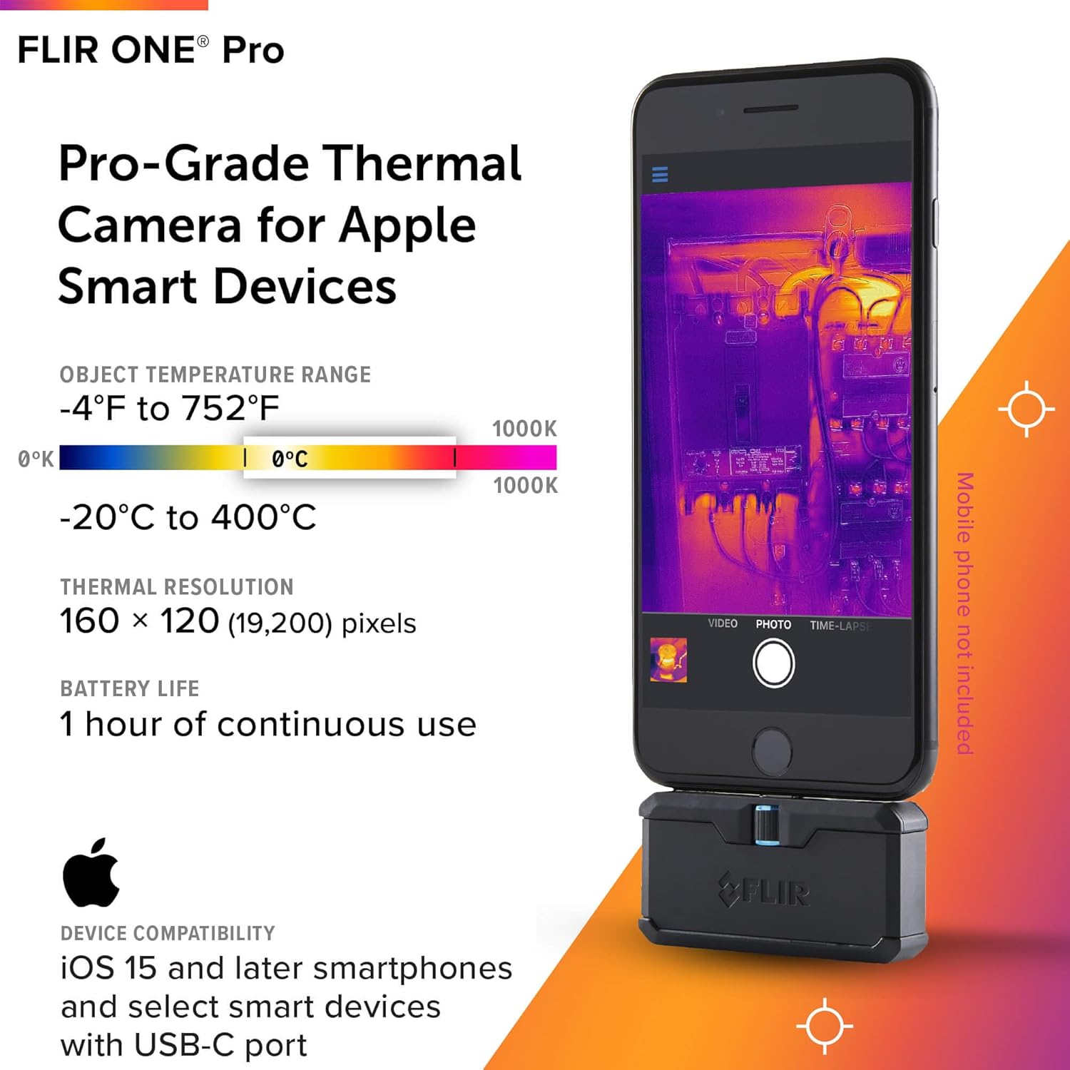 FLIR ONE Pro connected to an iPhone, showing thermal image on screen
