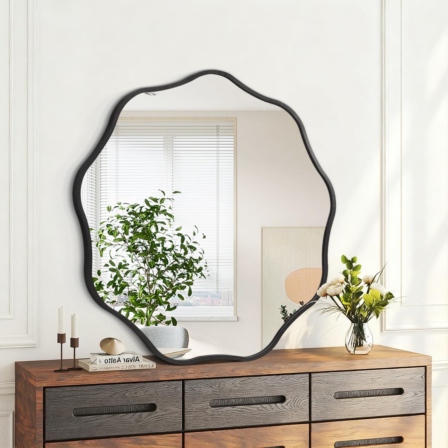 Espejo de pared redondo ondulado negro, espejo decorativo circular de 60 cm con marco de metal moderno para baño, sala de estar, dormitorio, entrada, pasillo, decoración del hogar