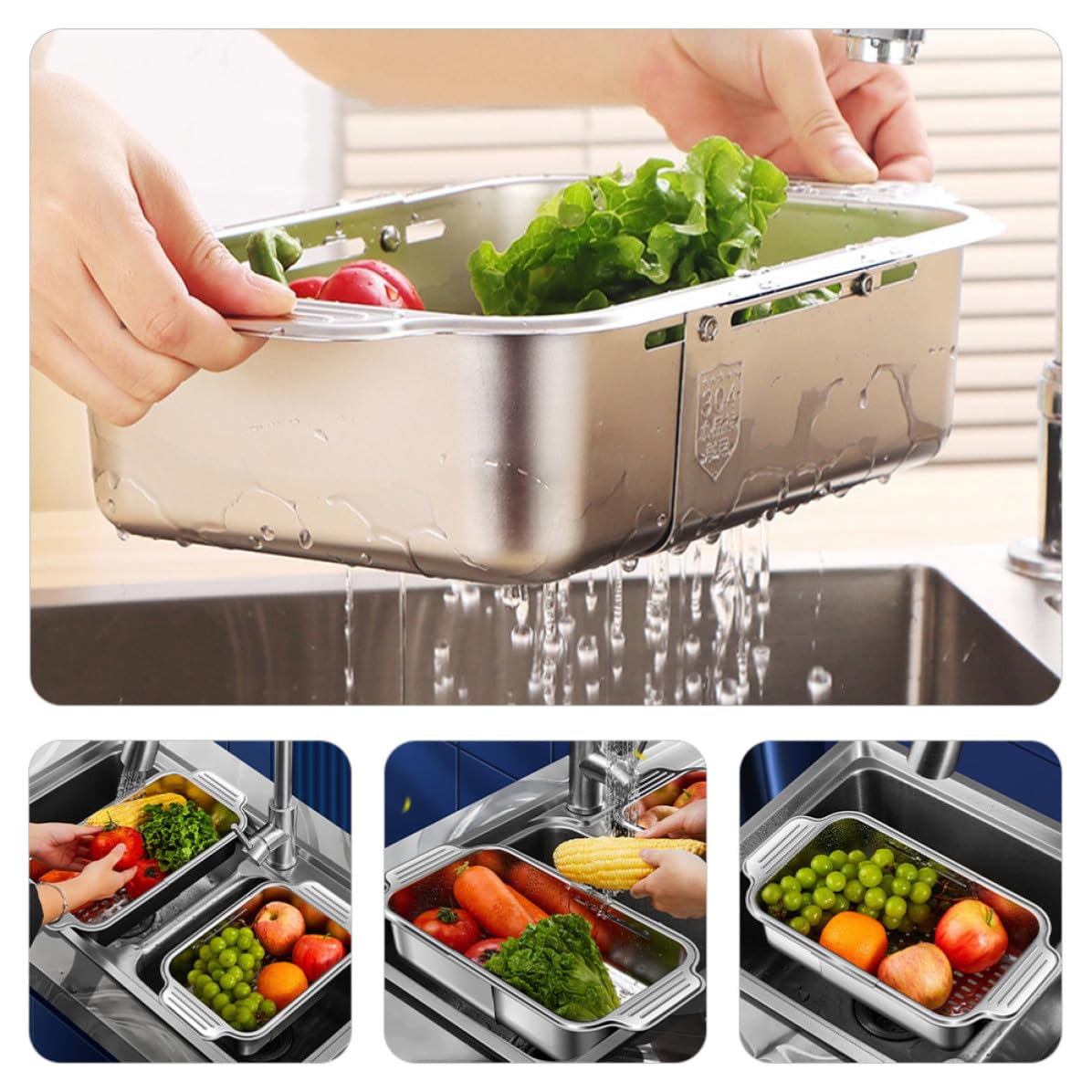 Levemolo Ausziehbarer Abtropfkorb aus 304 Edelstahl mit Bruchfesten Glatten Kanten Flexibles Spülbecken Siebkorb für Küche und Spülbecken Universell Einsetzbar