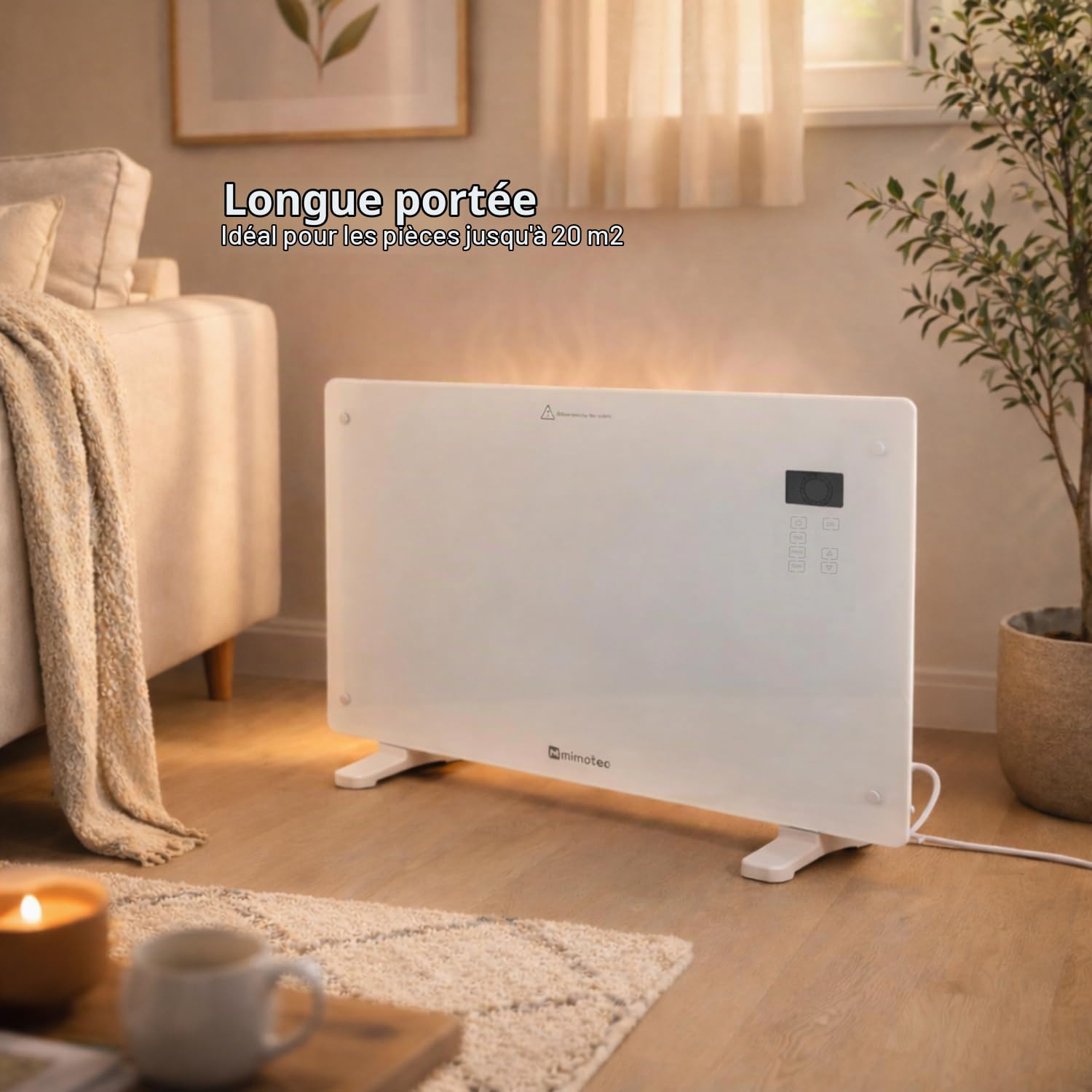 M mimotec – Radiateur convecteur électrique en verre blanc Glass 2000W, silencieux 0 dB, avec écran LED, minuterie et verrouillage enfant, IP24 et anti-surchauffe, installation au sol ou murale.