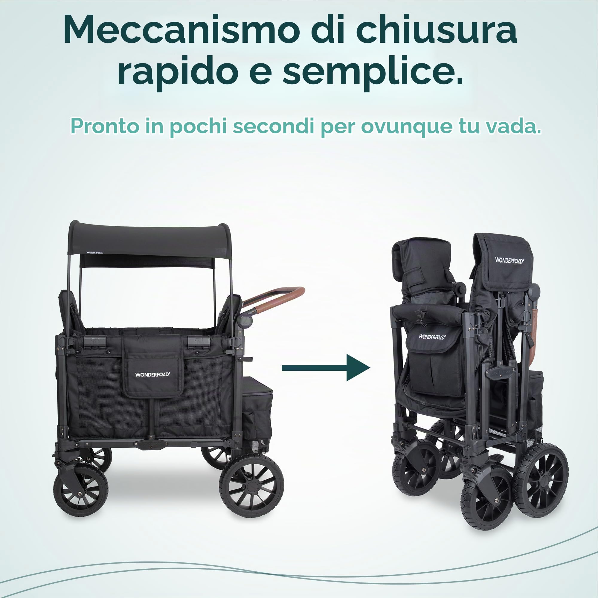 WONDERFOLD W2 Luxe Pro Passeggino (2 posti) – Passeggino pieghevole con sedili con cinture di sicurezza a 5 punti e tettuccio parasole regolabile, nero corvino