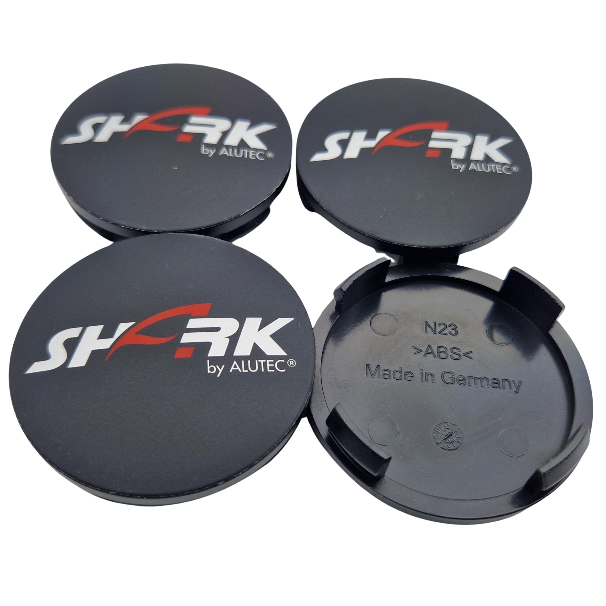 4X Alutec Shark Nabendeckel 60mm Schwarz (N23) Logo Silber/Rot (ALE) - Original Felgendeckel/Nabenkappe/Hubcap