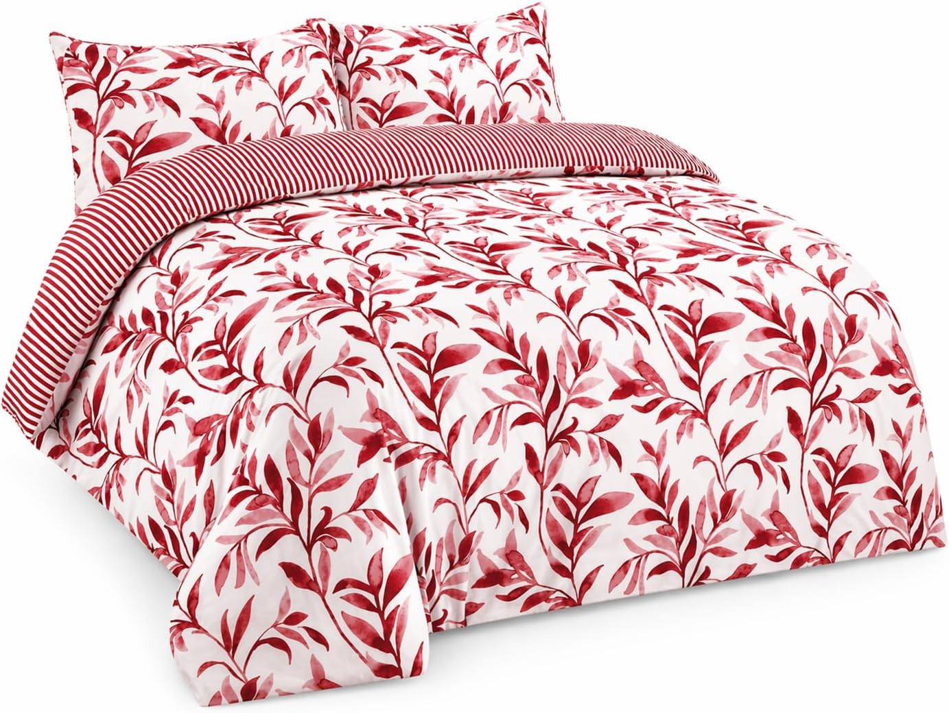 HOMES-LINEN Ellie Leaf Floral Duvet Cover Reversible Stripe Printed Duvet Bedding Set (Red, Single)