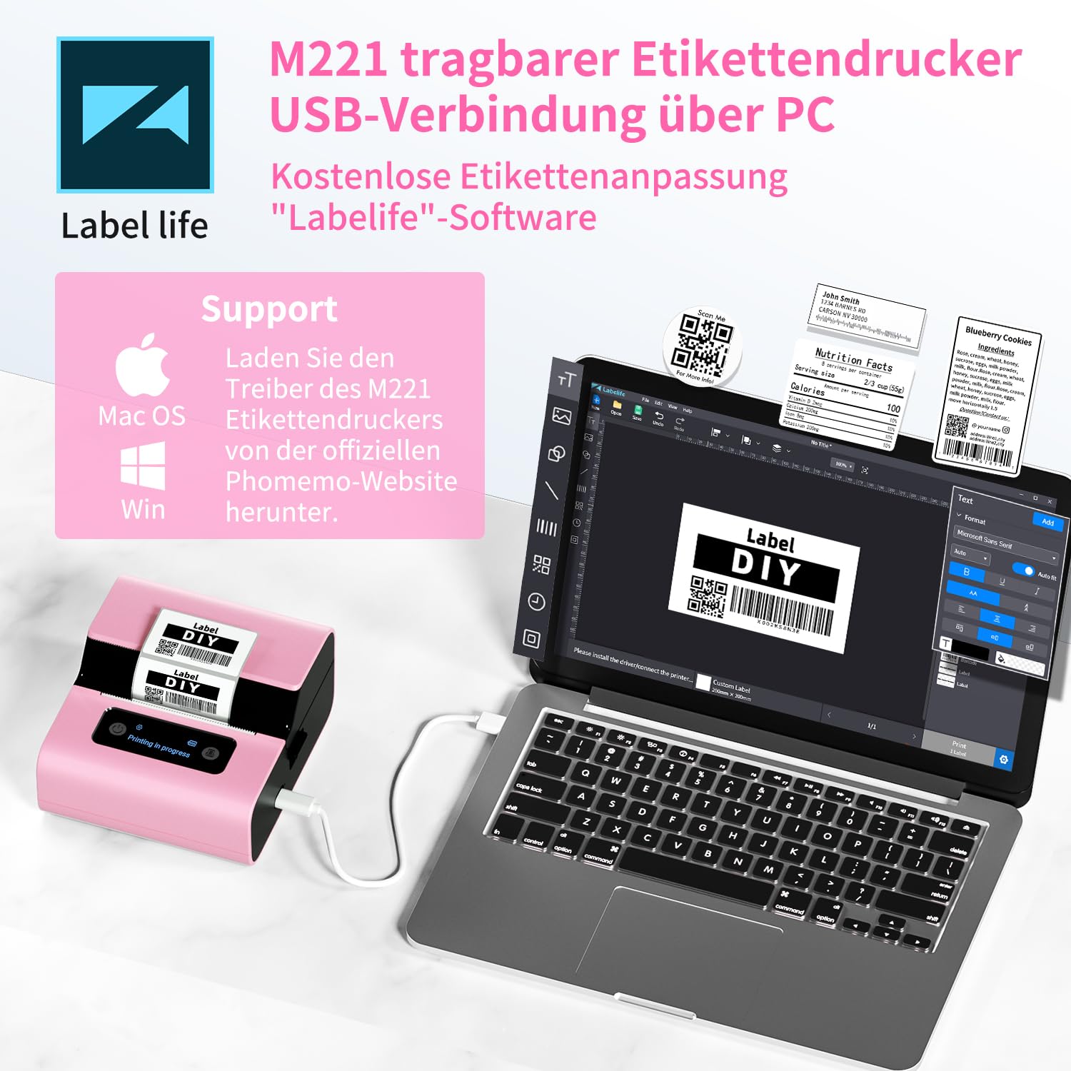 Phomemo M221 Etikettendrucker, Etikettiergerät Selbstklebend, Tragbarer Beschriftungsgerät Label Drucker Kompatibel with iOS & Android Smartphone, Pink