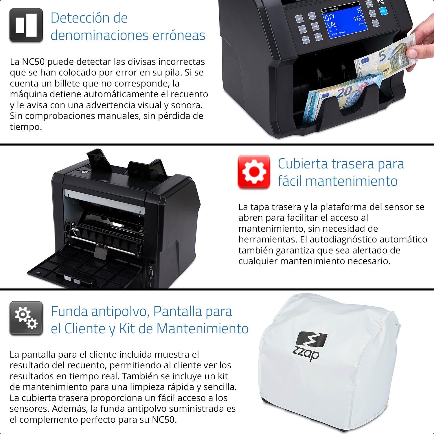 ZZap NC50 Contadora de Billetes y Detector de Falsificaciones - Contadora de Valor para Denominaciones Mixtas - Máquina de Efectivo
