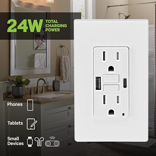 Miniatura 4 de Leviton Combinación GFCI de autoprueba SmartlockPro de 15 A con USB tipo A y tipo C en pared, cargador USB para teléfonos inteligentes y tabletas