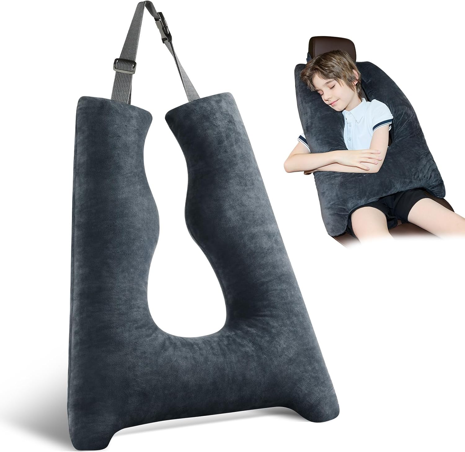 Car Pillow for Kids Travel Pillow with Adjustable Strap, Kids Floor Pillows Cushions for Adults and Children to Support Head and Body Road Trip Essentials(Dark Grey)