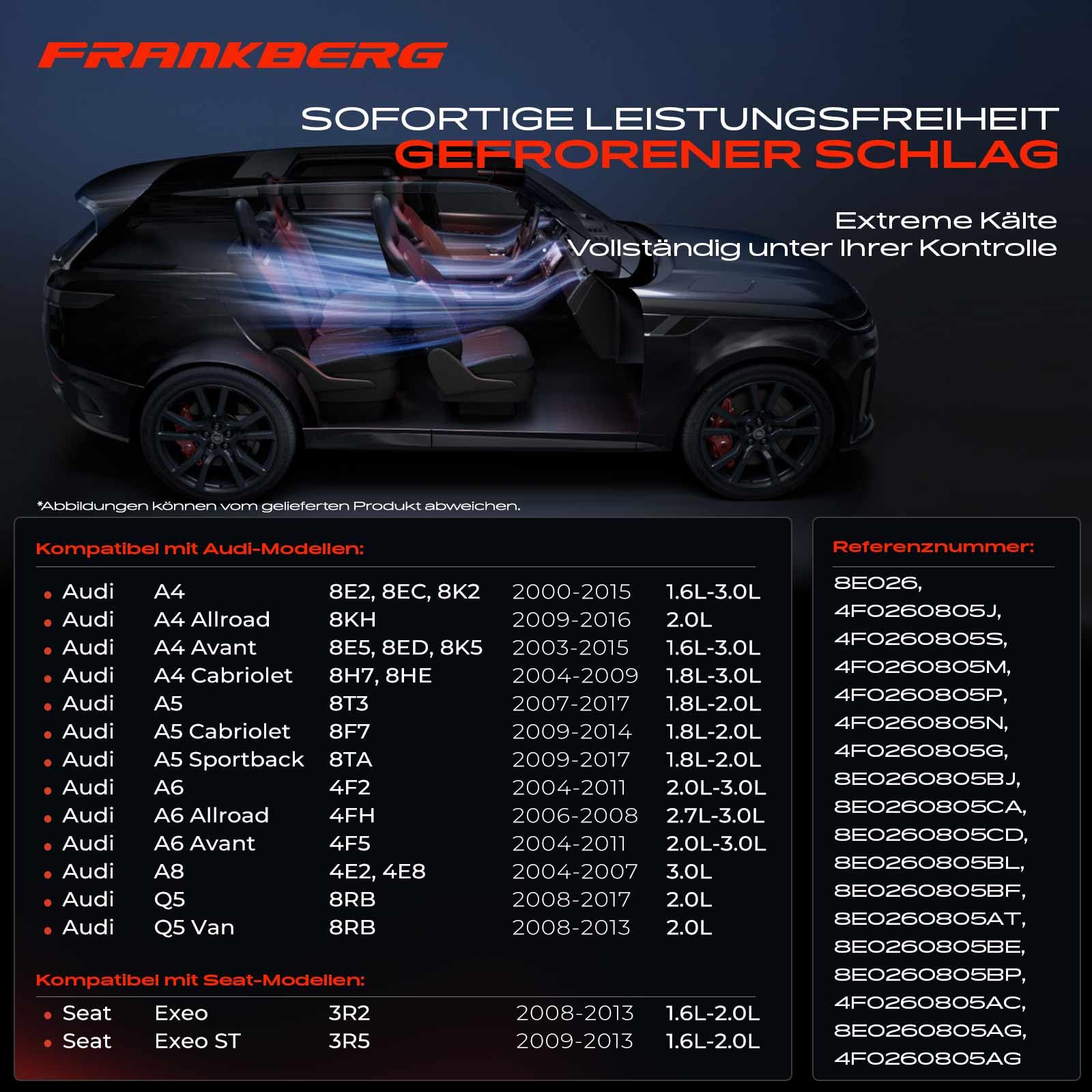 Frankberg Klimaanlagen Kompressor mit Kupplung Kompatibel mit A4 8KH 8E2 8EC 8K2 8E5 8ED 8K5 8H7 8HE A6 4F2 4G2 4GC 4F5 4FH 4G5 4GD Q5 8RB A5 8T3 8F7 8TA inkl. Öl vorbereift