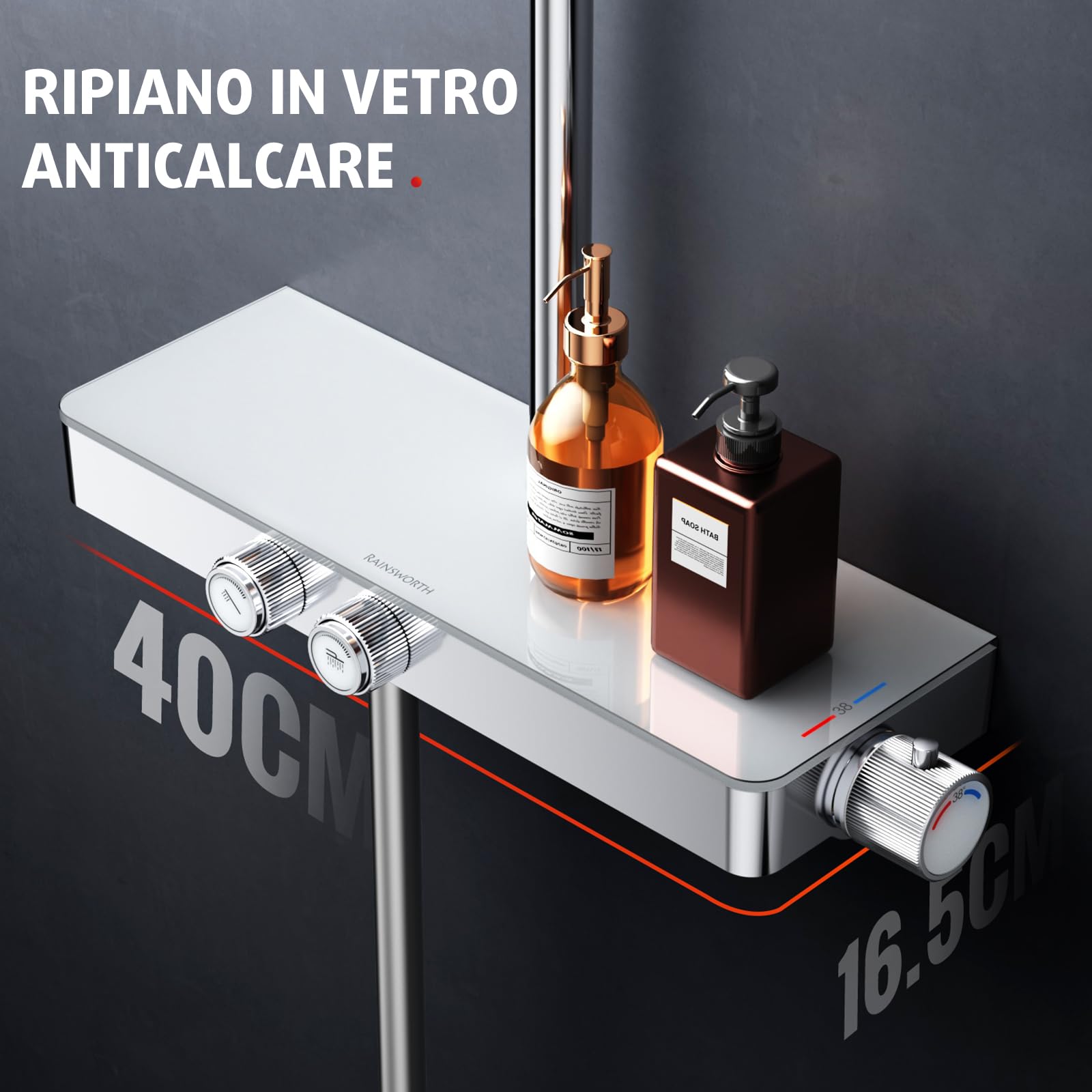 Rainsworth Sistema doccia con termostato e ripiano in vetro cromato – con doccia a pioggia 26 x 26 cm, doccetta 3 tipi di getti – Set doccia a pioggia