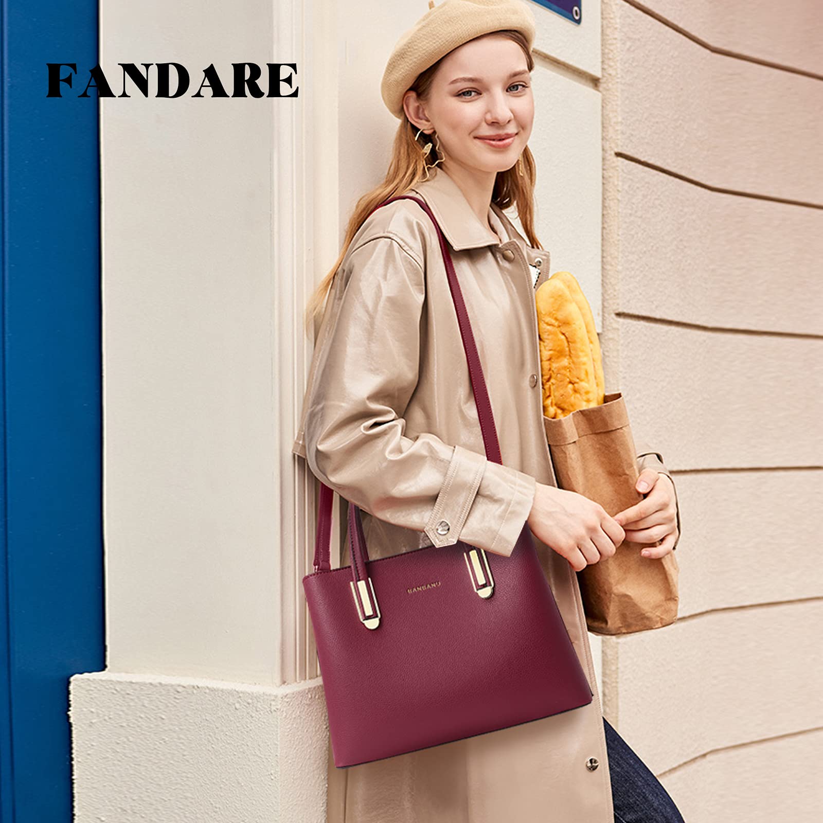FANDARE Elegante Bolso de Mano Bolsos Cabas Mujer Bolso Bandoleras Cuero PU Impermeable Llevados Hombro Bolso De Hombro Gran Capacidad Compras Escuela Viaje, rojo, large, Elegante