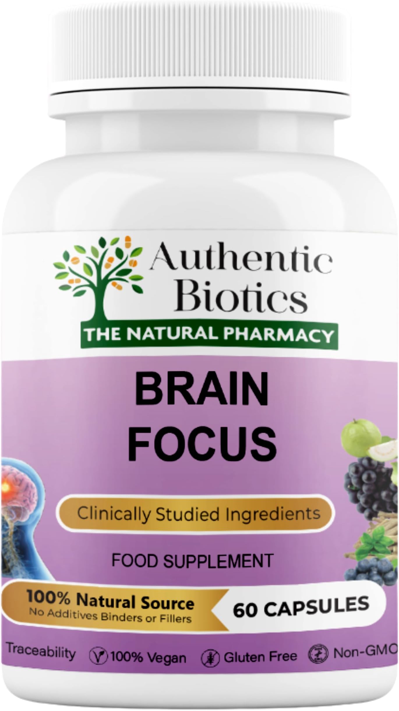 Brain Focus Supplement with Ashwagandha KSM-66 – Nootropic with B Complex & Magnesium | Energy, Memory, Focus & Mental Clarity | Vegan Cognitive Support | 60 Capsules