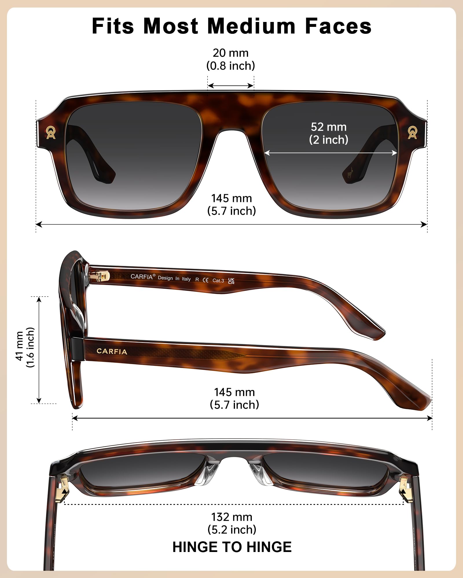 Carfia Lunettes de soleil Polarisées pour Homme Rétro Forme Rectangulaire Acétate
