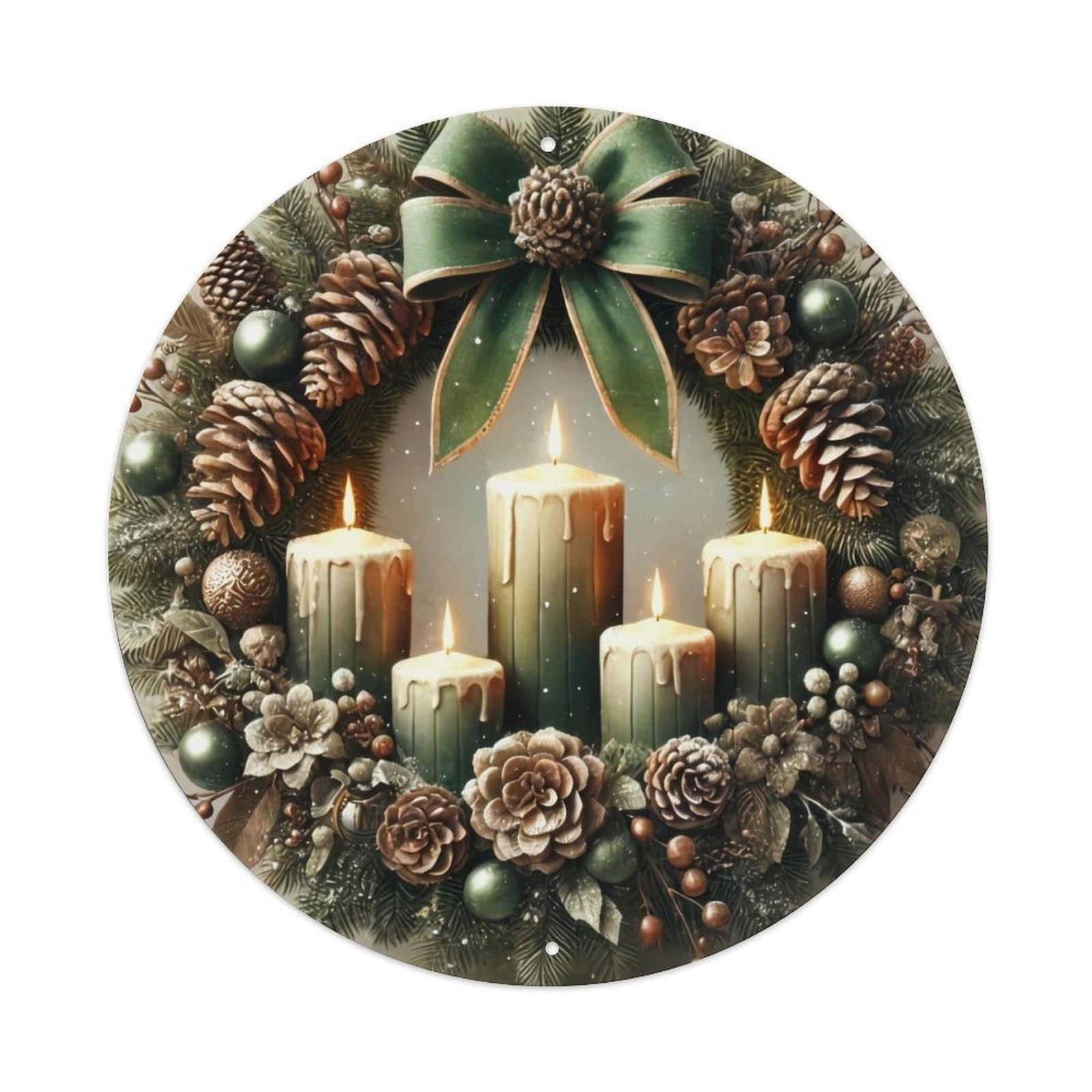Christmas Wreath With Candles Vintage Metal Tin Sign Retro Wall Decor for Home Bar Garage Cafe, Indoor & Outdoor Decorative，circle Metal Poster, 8x8 Inch