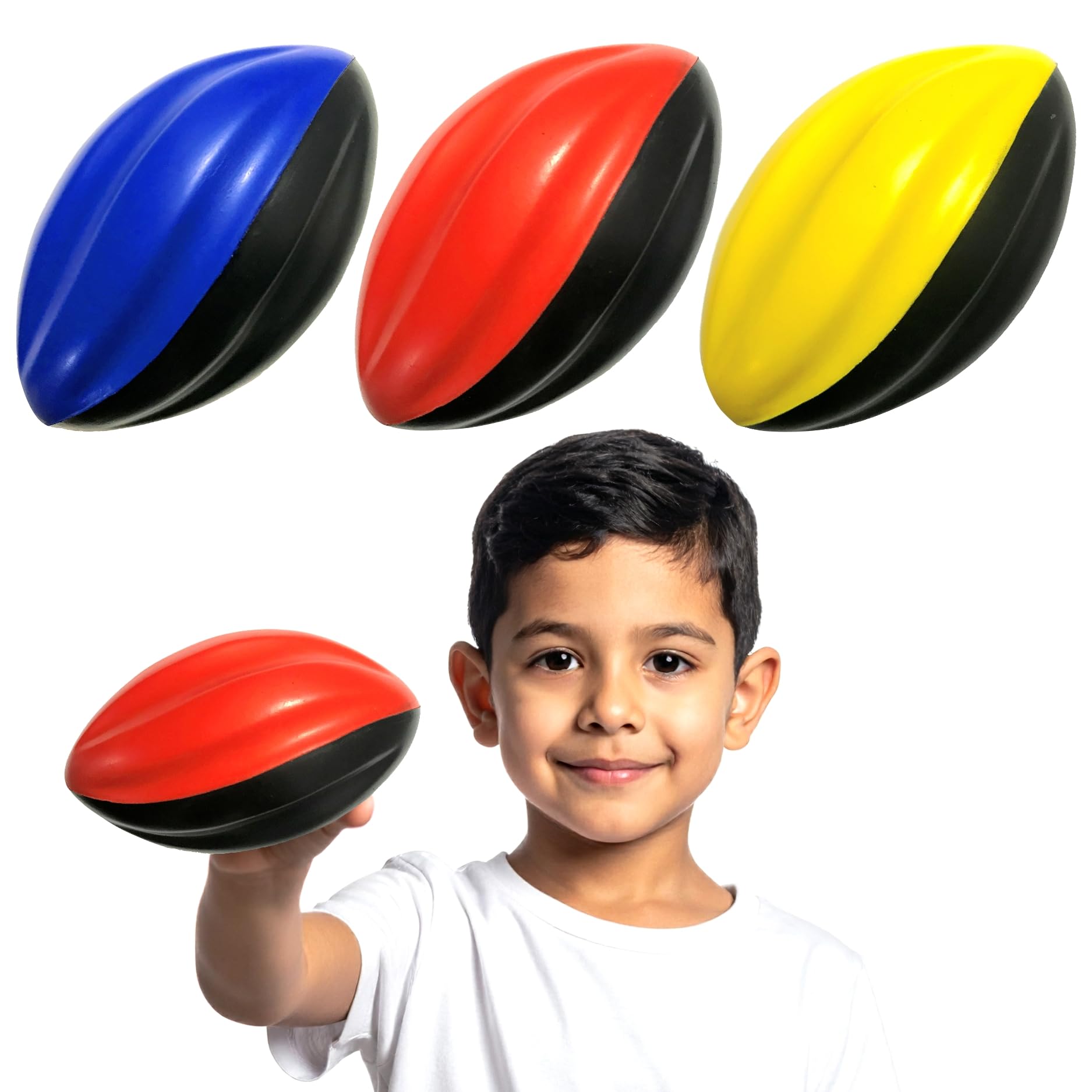 Mini Football 3-Pack - 5” Spiral Foam Football Small Footballs for Kids - Mini Footballs 3-Pack - Soft, Easy Grip Toddler (Red, Yellow, Blue)