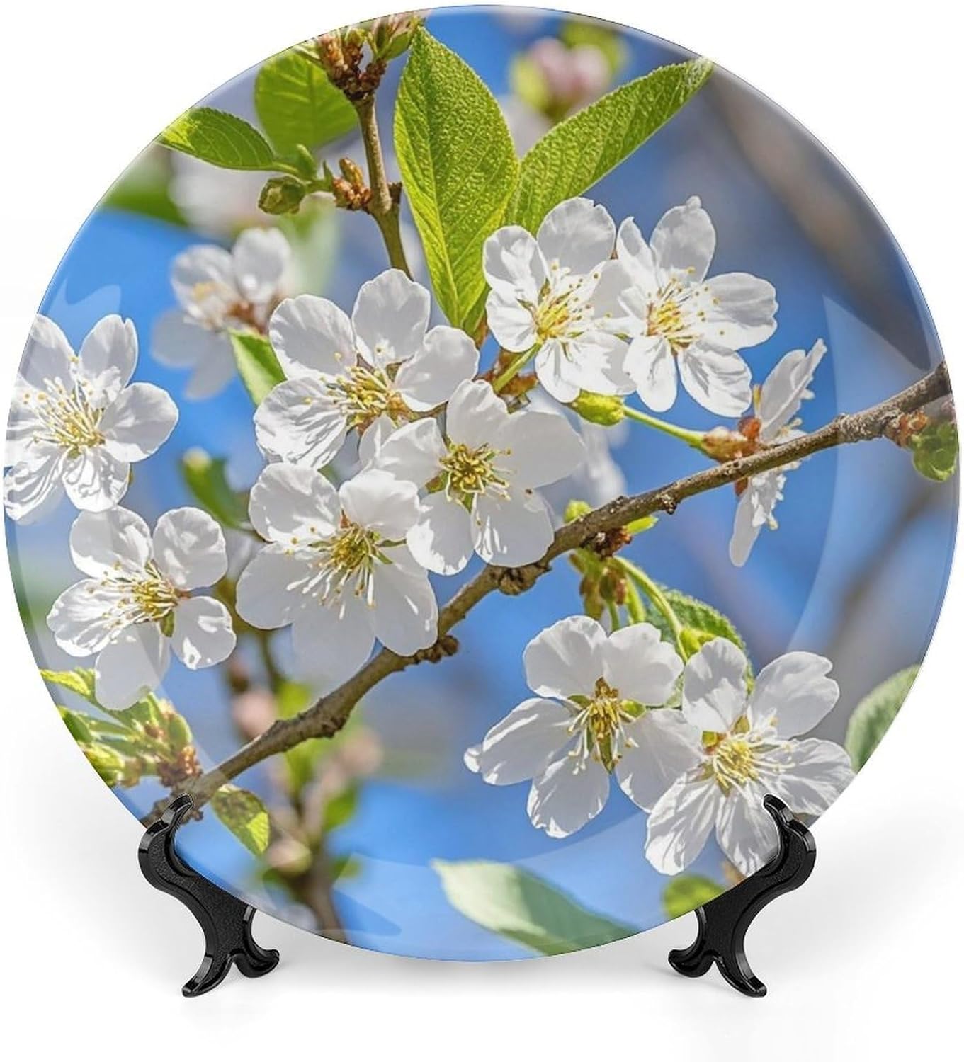 Beautiful Spring Cherry Blossoms Decorative Ceramic Plate Round Porcelain Plate Decor Personalized Bone China Decorative Plates Ceramic Ornaments Dessert Plates with Display Stand 10inch