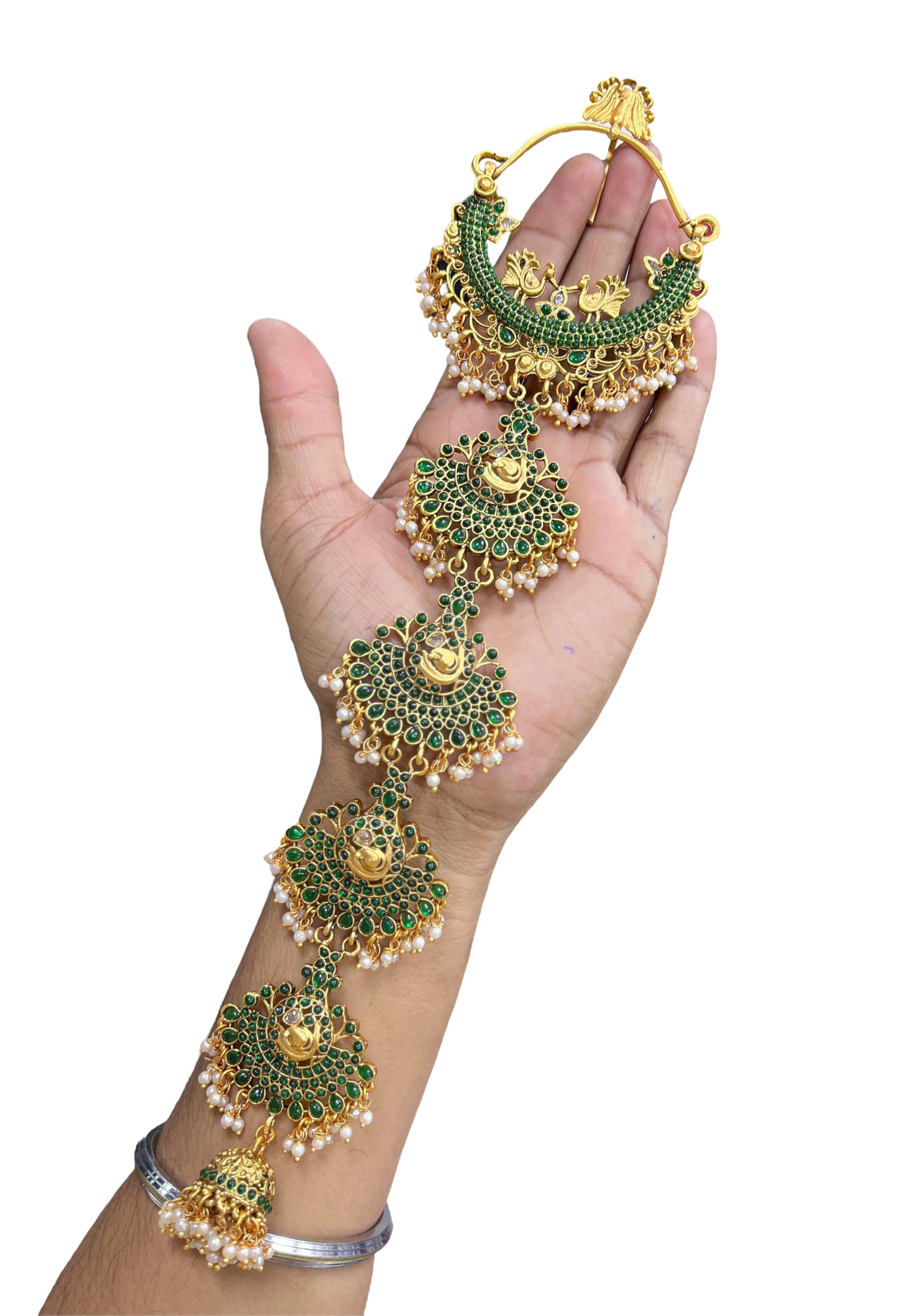 KGR Splash 5layer Ring Design Big Size Green Stones Jada Billai For hair (KRPA0300)-image-10