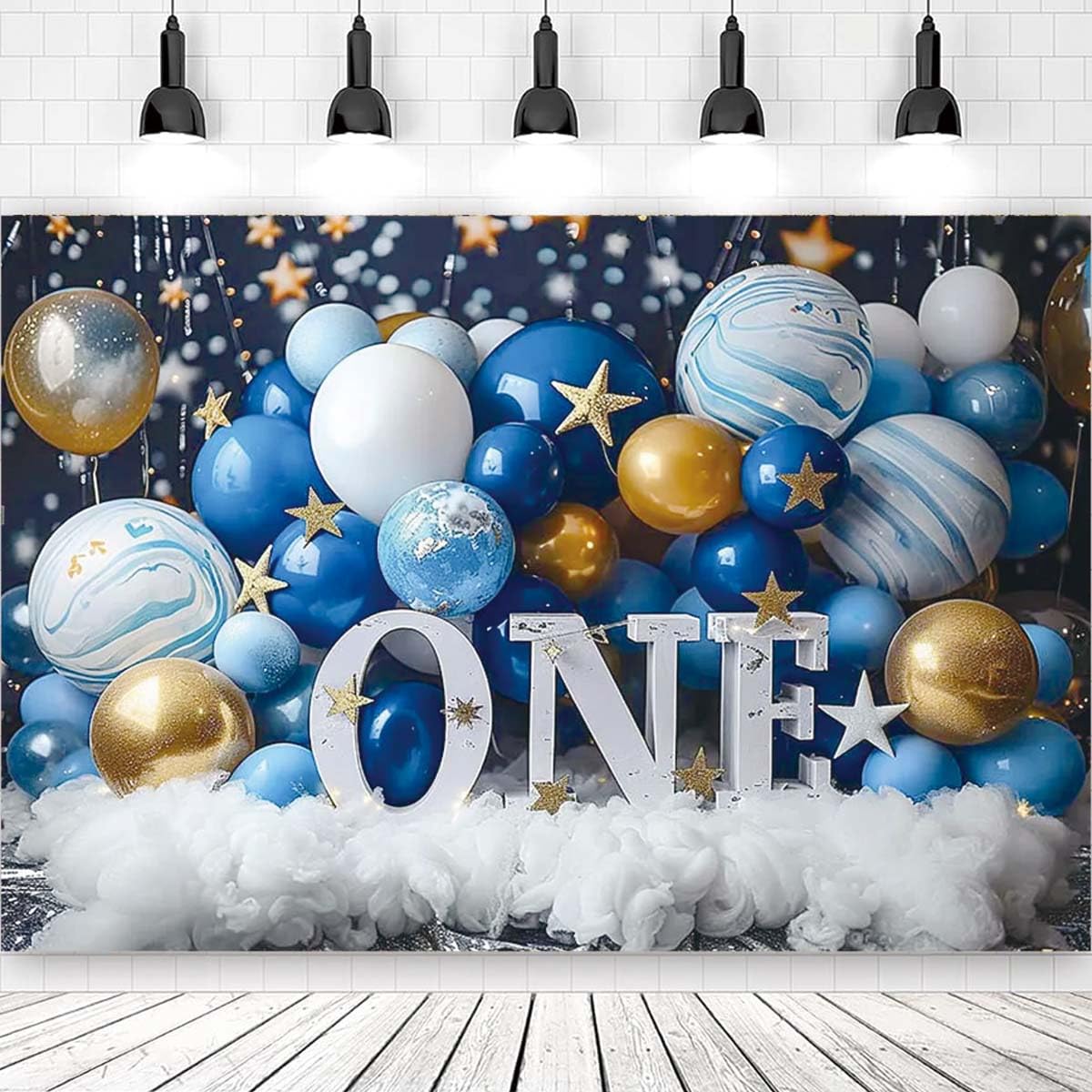 6x4ft First Birthday Backdrop For Boy - Blue Gold White Balloon 1st Birthday Photography Background For Baby Shower Cake Smash Banner Photo Studio Props