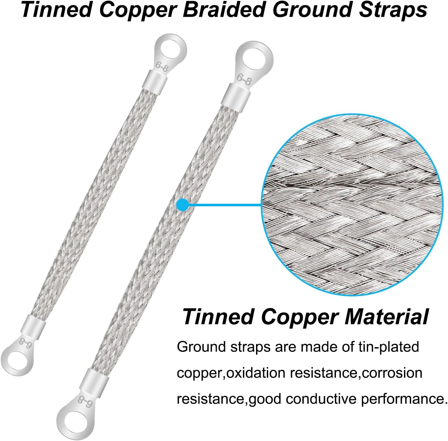 5PCS Ground Strap Automotive,2 Sizes 10" x 1/2" and 13" x 1/2" Tinned Copper Braided Ground Straps,Universal Vehicle Engine Grounding Cable Straps with 5/16" Ring Terminal for Most Cars