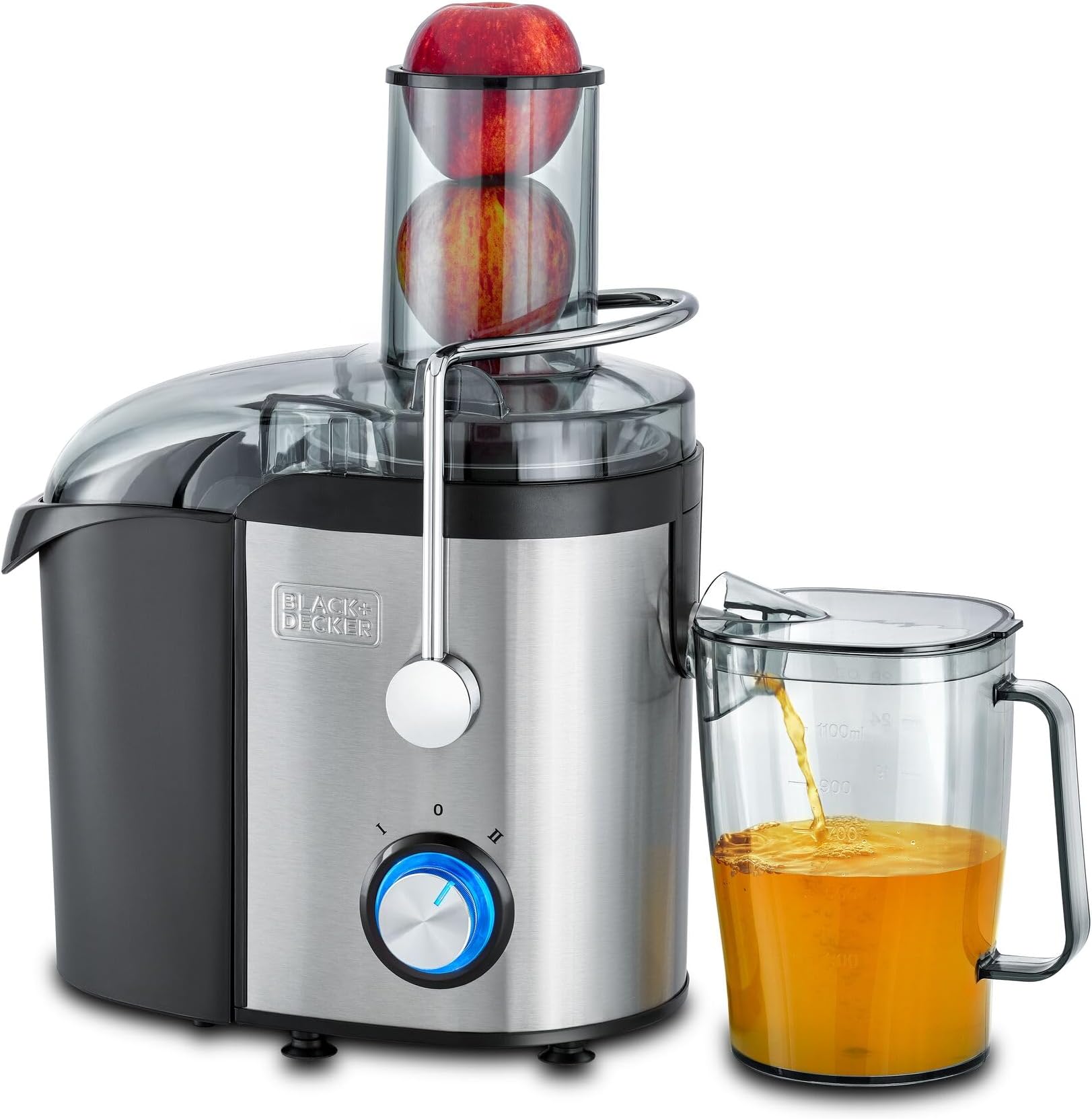 BLACK+DECKER Juicer Extractor, High-Powered 800W Motor, Stainless Steel Design, Large 1.7L Pulp Container, 1.1L Juice Collector, Dual Speed Control, XL Feeding Chute, Silver/Black - JE800-B5