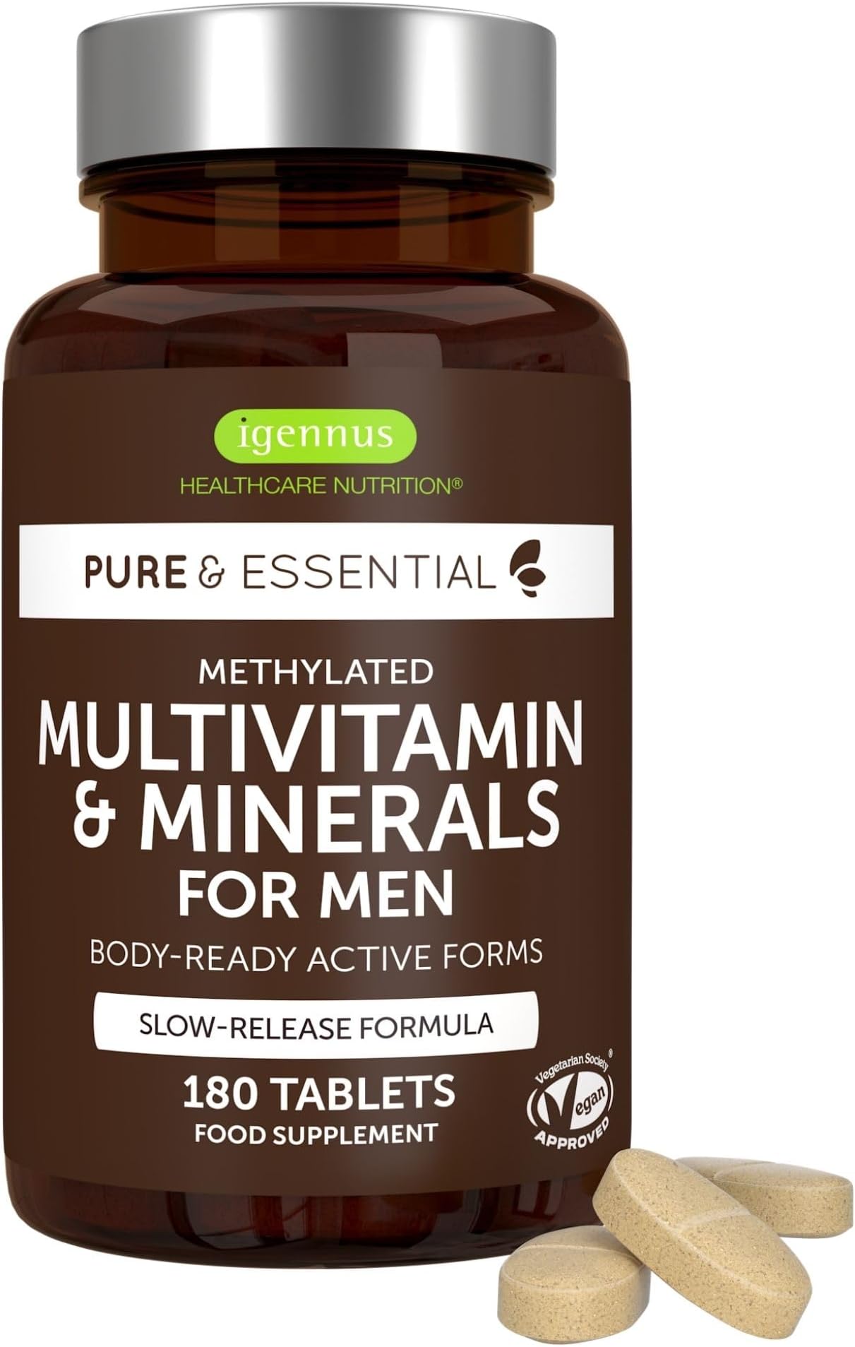 Igennus Methylated Men's Multivitamin, 21 Actives, Clean Label, All Day Nutrient Delivery, Expertly Formulated For Male Wellness, Energy & Heart Health, 180 Easy-to-Swallow Vegan Tablets,Non-GMO,Halal
