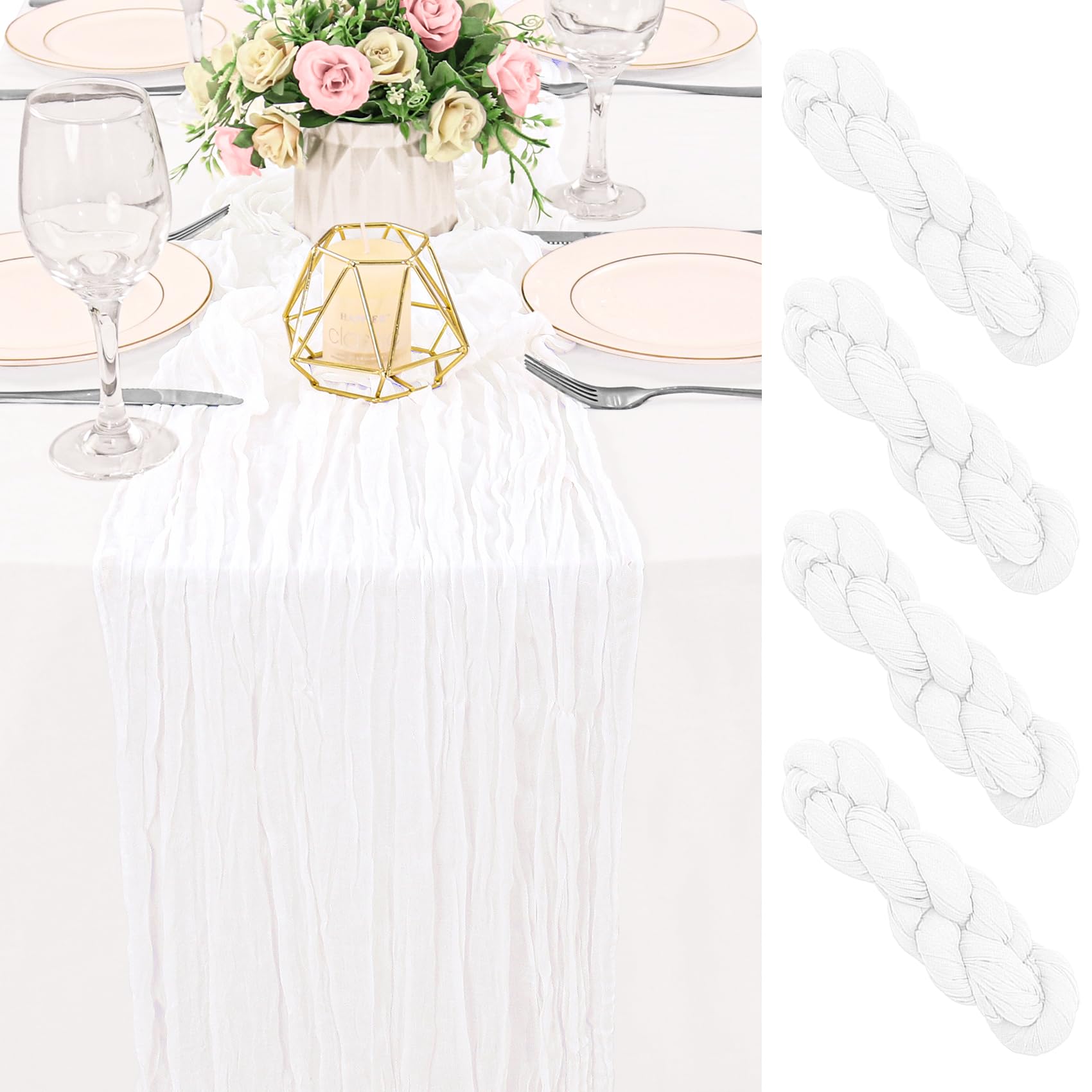 4 Pack 120 Inch White Cheesecloth Table Runner Boho Rustic Gauze Sheer Romantic 10 FT Long Cheese Cloth Table Runner for Bridal Baby Shower Wedding