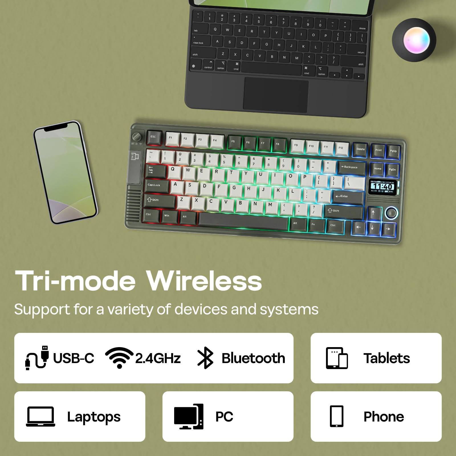 EPOMAKER RT85 Wireless Mechanical Keyboard with Joystick & DIY Screen, 8000mAh, BT/USB/2.4Ghz, Gasket, 5-Layer Paddings, Hot-Swap, PBT Keycap, 75% Gaming Keyboard (Retro White, Creamy Jade): Army Green Creamy Jade