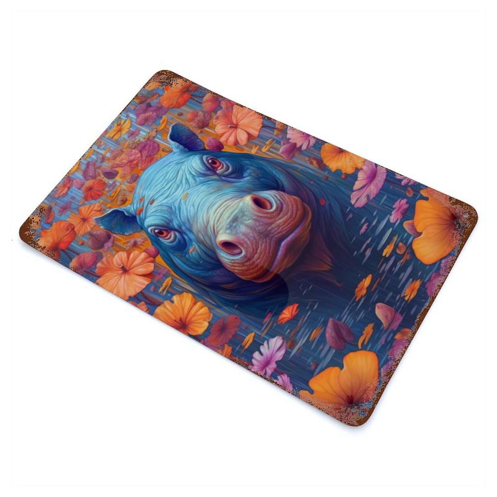 Garage Style Hippo Flower Portrait Weathered Tin Sign 11.8"x7.9", Classic Wall Plaque for Bar And Workshop
