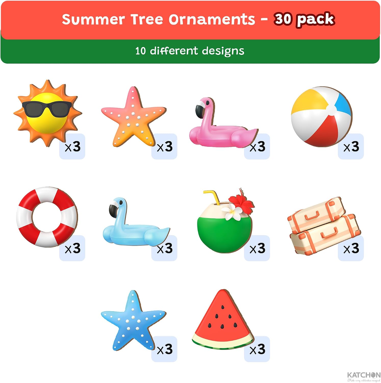 Katchon 30 Pcs Summer Themed Tree Ornaments, Summer Wooden Hangings for Christmas in July, Hawaiian Theme Pool Flamingo Party Decorations, Beach Tree Decorations Summer Party Decor
