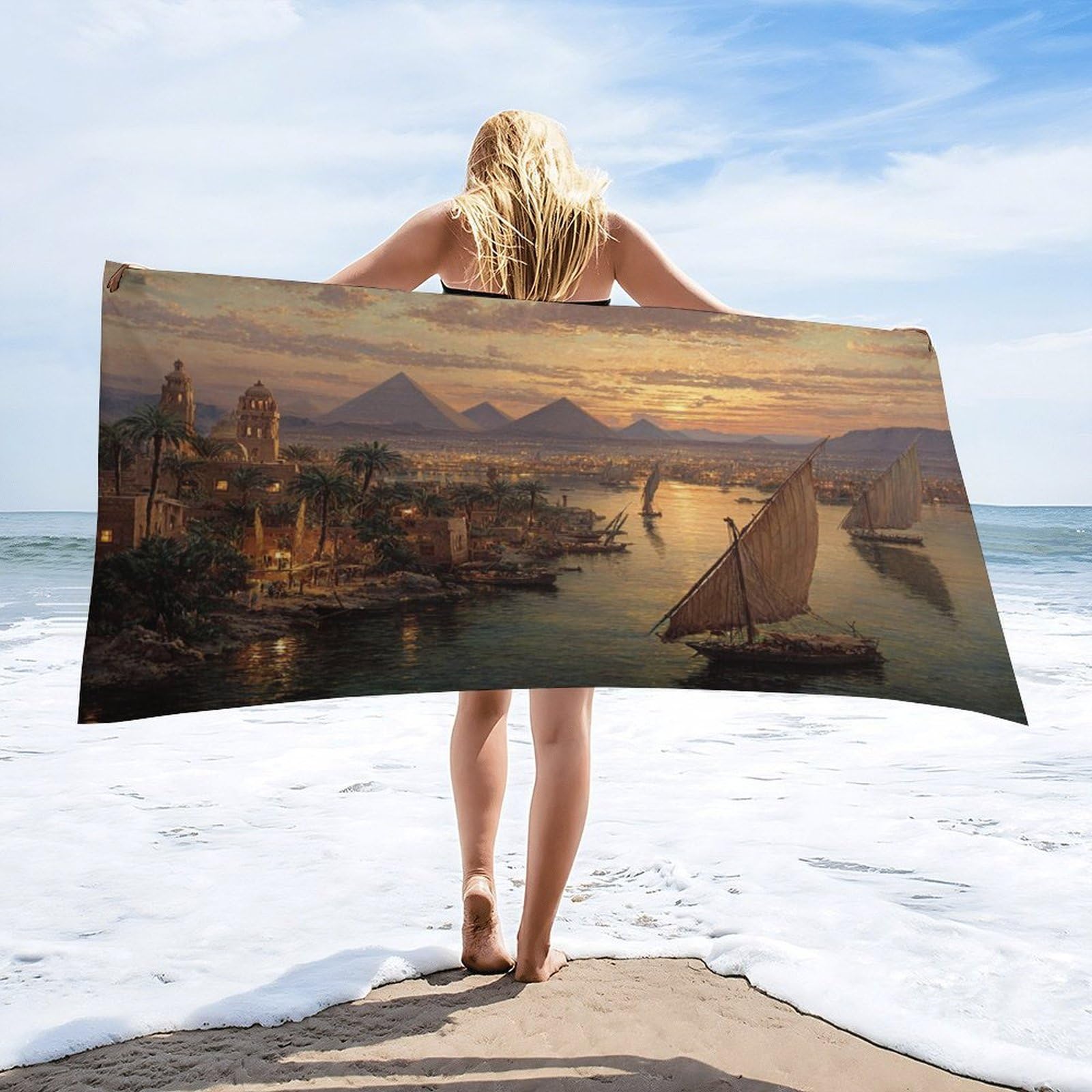 Luyysky Classic Abstract Egyptian Pyramid Absorbent Beach Towel, Fantasy Realistic Sunset Lanscape Tropical Plant Palm Trees Outdoor Single-Sided Velvet Beach Towel-80 W Cm X 160" L Cm